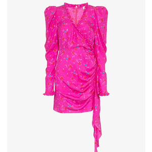 MAGDA BUTRYM Carlton Dress Ruched Mini Dress Hot Pink Silk Ruffles Floral Print